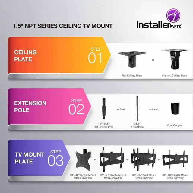 Alt view image 2 of 5 - I 32"-55" Back to Back Dual TV Mount Plate, 1.5" NPT Pipe Ceiling Mount, VESA 400x400 - Compatible with All 1.5" NPT TV Mount Components