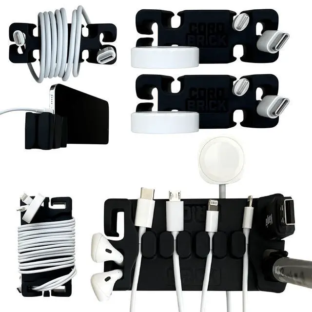 Main image of /DeskBrick Bundle Weighted Cord Holders for Nightstand & Desk - Phone Charger Cable Management Travel, Phone Accessory, Stocking Stuffer - Gift for Home, Office - Black