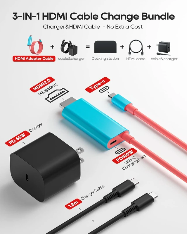 Alt view image 4 of 6 - Portable Dock 4K with 65W Charger & 6.5' HDMI for Nintendo Switch 2/1/OLED/Steam Deck/ROG Ally/Legion Go/Laptop etc. Travel Docking Station TV Accessories, USB-C Charging Cable, AC Adapter Power Cord