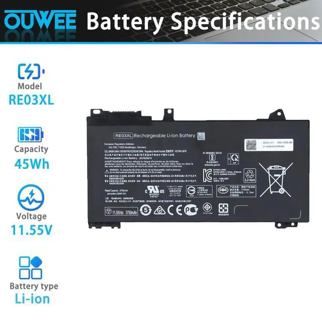 Alt view image 2 of 5 - RE03XL Laptop Battery Compatible with HP ProBook 430 440 445 450 455R G6 430 440 445 450 G7 Serie HSTNN-OB1C HSTNN-UB7R HSTNN-DB9A L32407-AC1 L32407-2B1 L32407-541 L32656-005 11.55V 45Wh 3750mAh