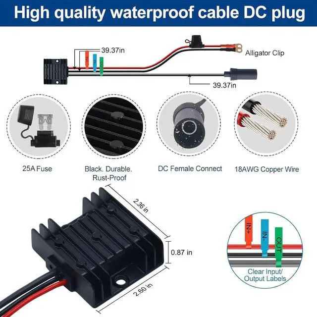 Alt view image 2 of 7 - 12V/24V to 30V 3.5A Step Up Converter for Starlink Mini - Waterproof DC Power Supply with Copper O-Ring Terminals (Black)