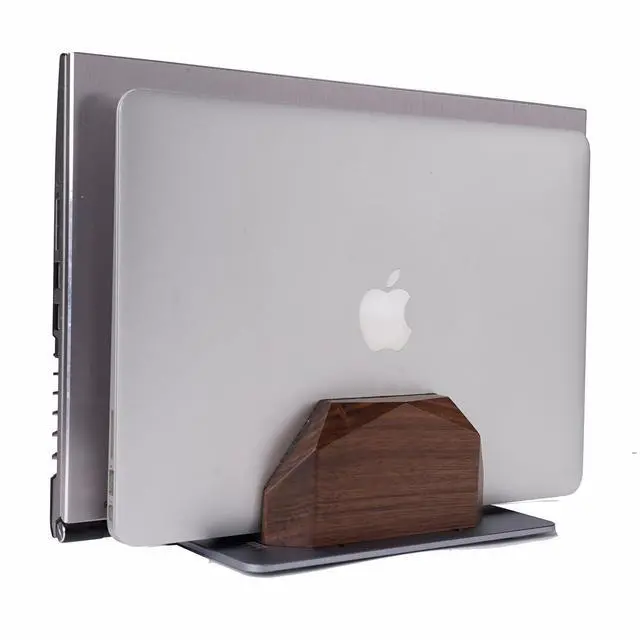 Main image of Walnut Vertical Laptop Stand, Dual Slot Wood Laptop Holder for Desk | Wooden Width Adjustable for MacBook Pro/Air & Universal Laptops, American Black Walnut & Aluminum, Heavy Duty, Handcrafted