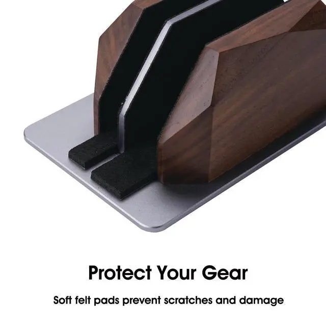Alt view image 3 of 6 - Walnut Vertical Laptop Stand, Dual Slot Wood Laptop Holder for Desk | Wooden Width Adjustable for MacBook Pro/Air & Universal Laptops, American Black Walnut & Aluminum, Heavy Duty, Handcrafted