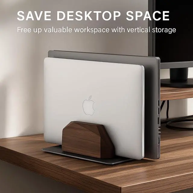 Alt view image 4 of 6 - Walnut Vertical Laptop Stand, Dual Slot Wood Laptop Holder for Desk | Wooden Width Adjustable for MacBook Pro/Air & Universal Laptops, American Black Walnut & Aluminum, Heavy Duty, Handcrafted