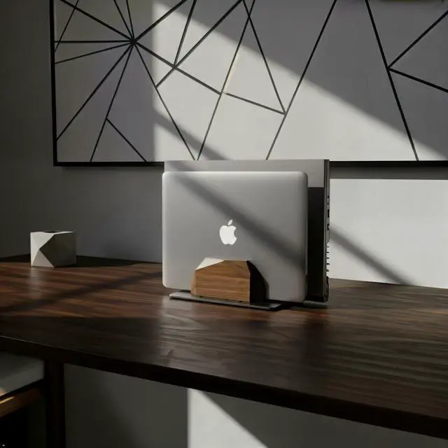 Alt view image 5 of 6 - Walnut Vertical Laptop Stand, Dual Slot Wood Laptop Holder for Desk | Wooden Width Adjustable for MacBook Pro/Air & Universal Laptops, American Black Walnut & Aluminum, Heavy Duty, Handcrafted