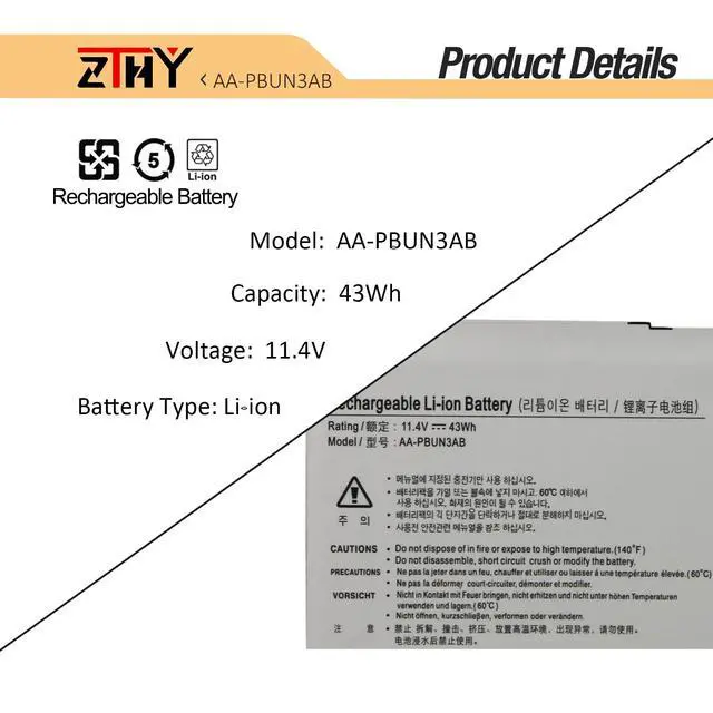 Alt view image 3 of 7 - AA-PBUN3AB AA-PBUN3QB Battery Replacement for Samsung NP300E4M NP500R5M | NP300E5K NP530E5M NP740U3M NP740U5M NP730QAA NP800G5M 7 Spin NP740U3L NP740U5L NP550XTA Odyssey NT500R5L NT760XBE 11.4V 43Wh