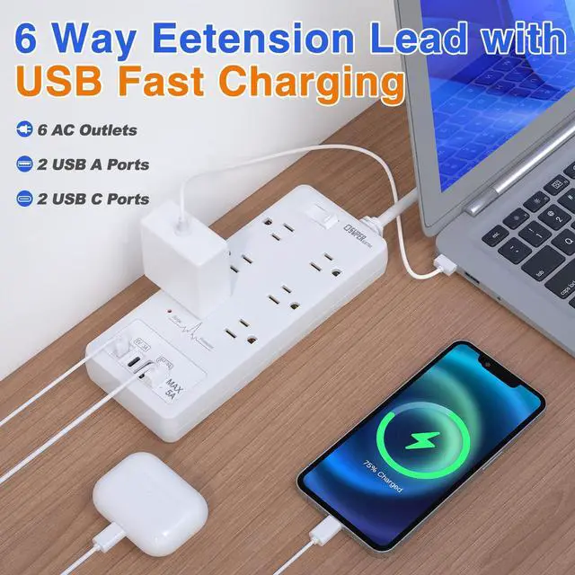 Alt view image 2 of 6 - Surge Protector Power Strip, Extension Cord with 6 Outlets(1875W/15A) and 2 USB A+2USB C Ports, ETL Listed, Wall Mountable, 1200J Surge Protector for Home, Office