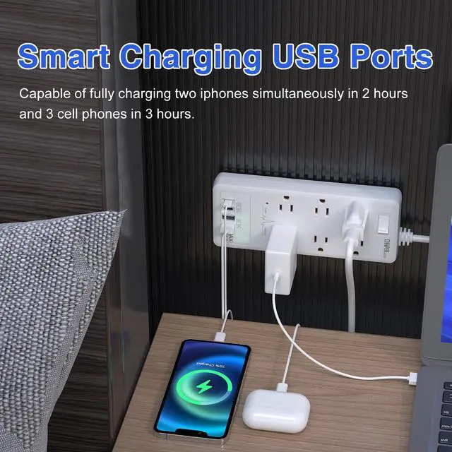 Alt view image 3 of 6 - Surge Protector Power Strip, Extension Cord with 6 Outlets(1875W/15A) and 2 USB A+2USB C Ports, ETL Listed, Wall Mountable, 1200J Surge Protector for Home, Office