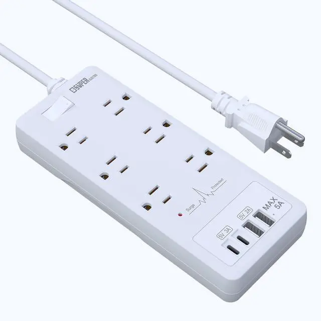 Main image of Surge Protector Power Strip, Extension Cord with 6 Outlets(1875W/15A) and 2 USB A+2USB C Ports, ETL Listed, Wall Mountable, 1200J Surge Protector for Home, Office