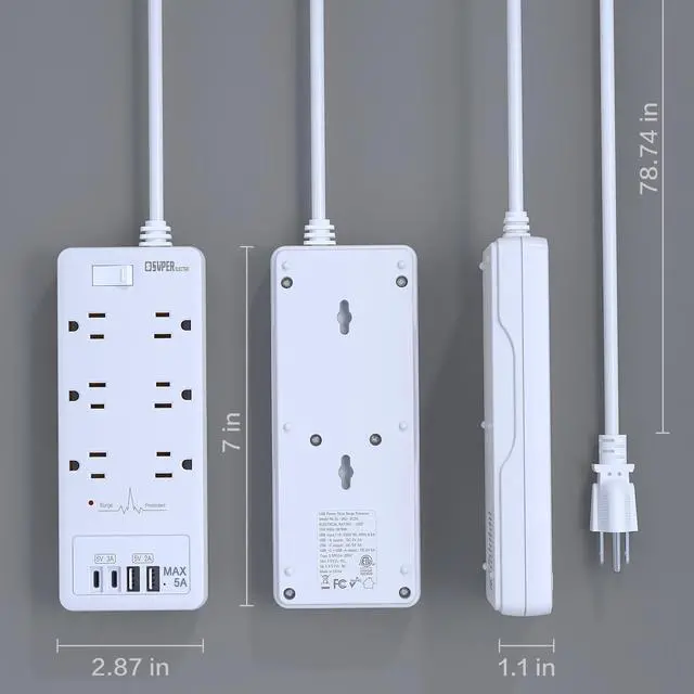 Alt view image 5 of 6 - Surge Protector Power Strip, Extension Cord with 6 Outlets(1875W/15A) and 2 USB A+2USB C Ports, ETL Listed, Wall Mountable, 1200J Surge Protector for Home, Office