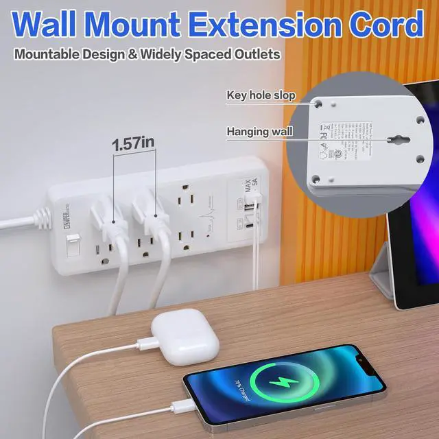 Alt view image 6 of 6 - Surge Protector Power Strip, Extension Cord with 6 Outlets(1875W/15A) and 2 USB A+2USB C Ports, ETL Listed, Wall Mountable, 1200J Surge Protector for Home, Office