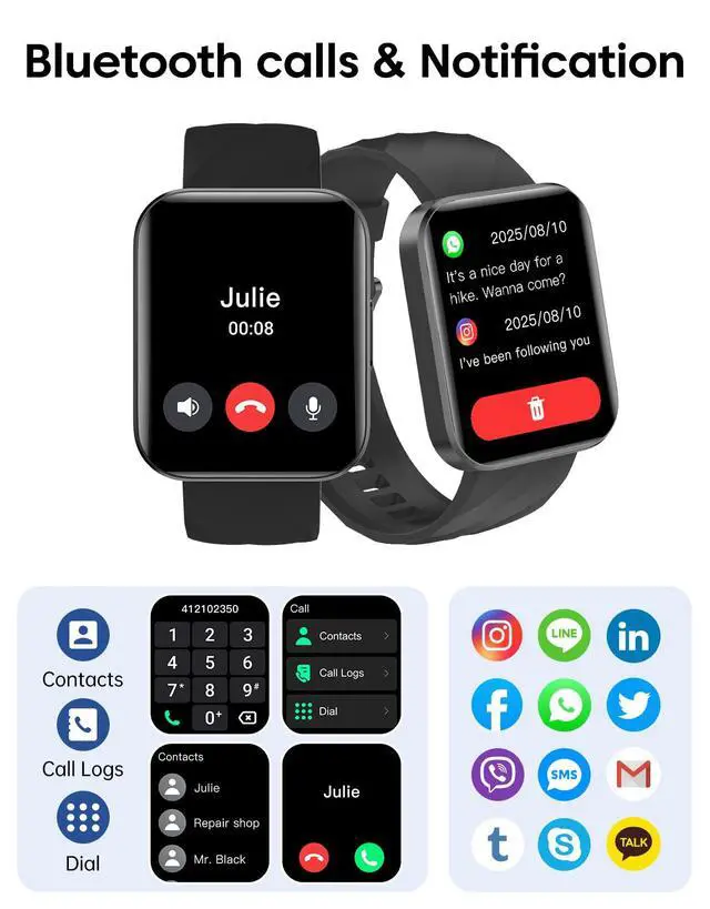 Alt view image 4 of 7 - Smart Watches for Women Men with Bluetooth Phone Call Compatible with iPhone/Android Phones, 1.85" Fitness Tracker Heart Rate Monitor Sleep Tracker Pedometer 100+ Sports Tracker Watch Waterproof Black