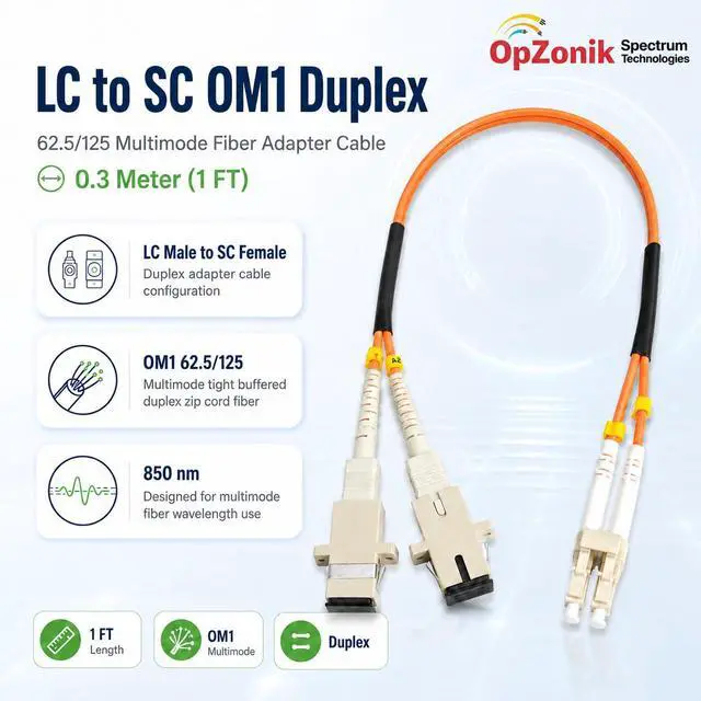 Alt view image 2 of 7 - 1FT LC to SC Fiber Optic Adapter Cable Multimode OM1 62.5/125 Duplex, LC Male to SC Female Fiber Adapter Cable 0.3 Meter (1 FT)