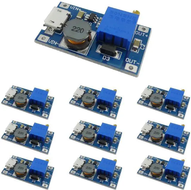 Main image of 10-Pack MT3608 DC-DC Boost Converter, Micro USB | 2-24V to 5-28V adjustable, up to 93% efficiency, for DIY power supply and student electronics projects