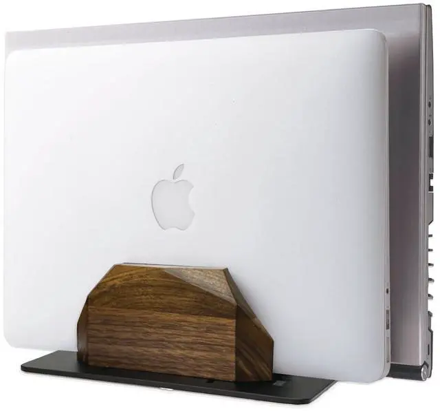 Main image of Walnut Vertical Laptop Stand, Dual Slot Wood Laptop Holder for Desk | Wooden Width Adjustable for MacBook Pro/Air & Universal Laptops, American Black Walnut & Aluminum, Heavy Duty, Handcrafted