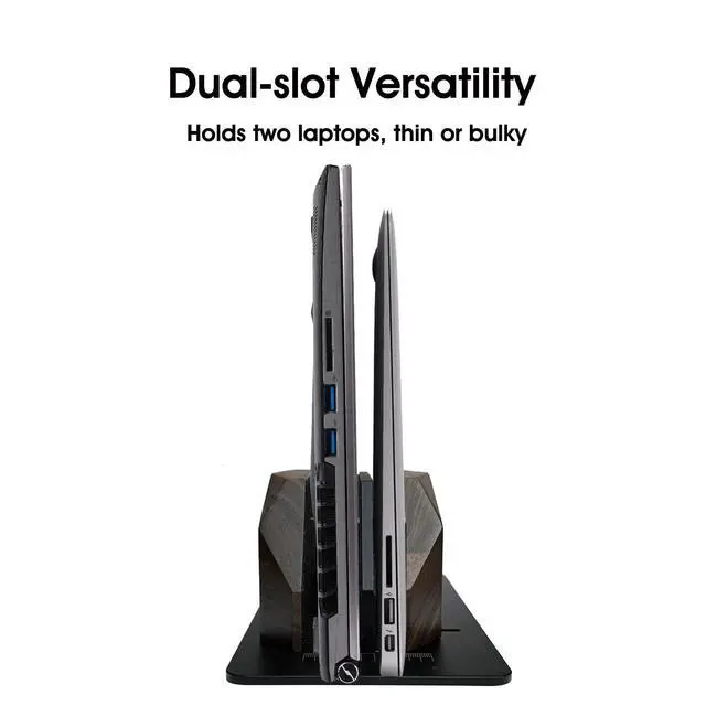 Alt view image 5 of 6 - Walnut Vertical Laptop Stand, Dual Slot Wood Laptop Holder for Desk | Wooden Width Adjustable for MacBook Pro/Air & Universal Laptops, American Black Walnut & Aluminum, Heavy Duty, Handcrafted