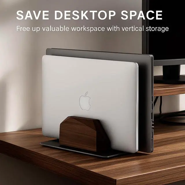 Alt view image 6 of 6 - Walnut Vertical Laptop Stand, Dual Slot Wood Laptop Holder for Desk | Wooden Width Adjustable for MacBook Pro/Air & Universal Laptops, American Black Walnut & Aluminum, Heavy Duty, Handcrafted