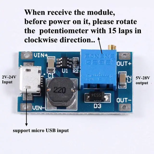 Alt view image 6 of 6 - 10-Pack MT3608 DC-DC Boost Converter, Micro USB | 2-24V to 5-28V adjustable, up to 93% efficiency, for DIY power supply and student electronics projects