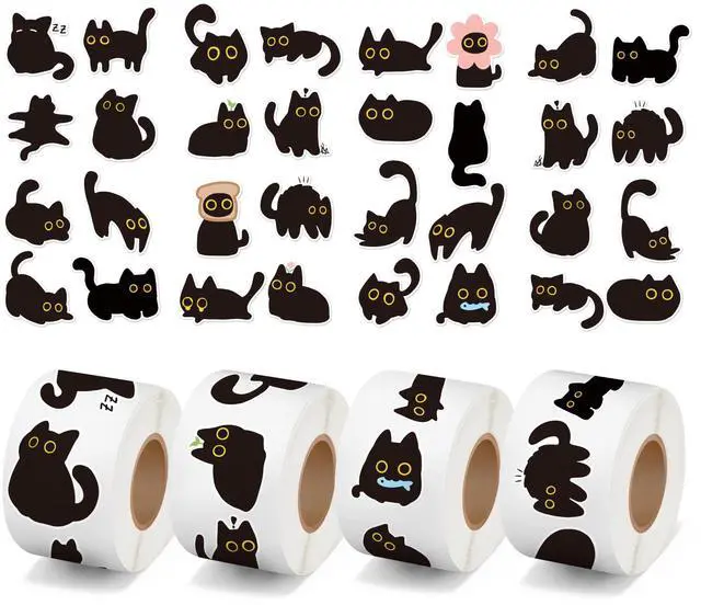 Main image of Cute Black Cat Stickers - 2000Pcs in 4 Rolls Funny Decals for Kids | 16 Designs Cartoon Kittens, Decorative Adhesive Roll Stickers, Birthday Party Gift, Student Rewards, Guitar Laptop Home Decor
