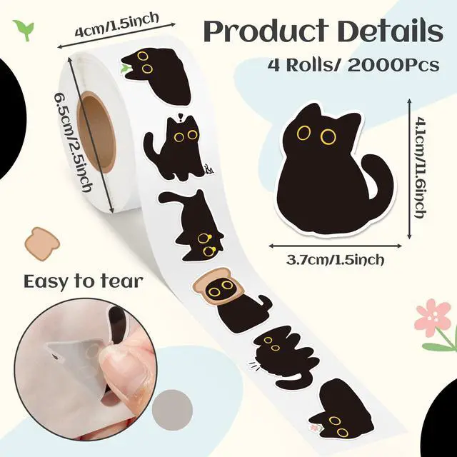 Alt view image 3 of 6 - Cute Black Cat Stickers - 2000Pcs in 4 Rolls Funny Decals for Kids | 16 Designs Cartoon Kittens, Decorative Adhesive Roll Stickers, Birthday Party Gift, Student Rewards, Guitar Laptop Home Decor