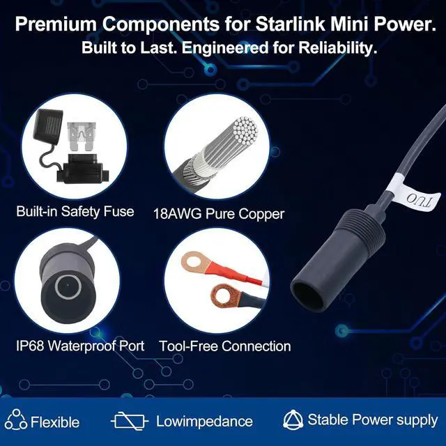 Alt view image 4 of 7 - 12V/24V to 30V 3.5A Step Up Converter for Starlink Mini - Waterproof DC Power Supply with Copper O-Ring Terminals (Black)