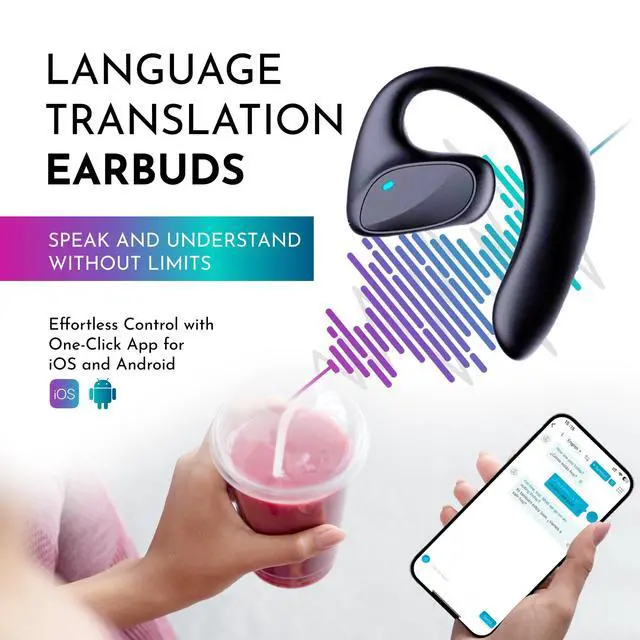 Alt view image 2 of 7 - AI Translation Earbuds Real Time - All Language Translator | Headphone Translating Earpiece Device - Wireless Bluetooth Offline Live Translate Earphone Interpreter Open Earpod (Black)