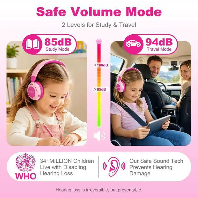 Alt view image 2 of 7 - Kids Bluetooth Headphones for Girls, Pink Foldable Wireless Headset | 85/94dB Safe Volume Limit, 80H Playtime, Bluetooth 5.4, HD Mic, Type-C Fast Charge for School & Travel