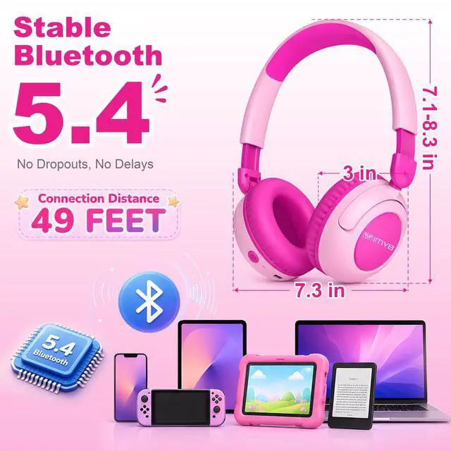 Alt view image 5 of 7 - Kids Bluetooth Headphones for Girls, Pink Foldable Wireless Headset | 85/94dB Safe Volume Limit, 80H Playtime, Bluetooth 5.4, HD Mic, Type-C Fast Charge for School & Travel