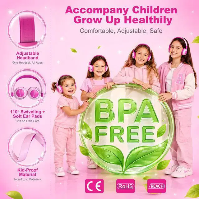 Alt view image 6 of 7 - Kids Bluetooth Headphones for Girls, Pink Foldable Wireless Headset | 85/94dB Safe Volume Limit, 80H Playtime, Bluetooth 5.4, HD Mic, Type-C Fast Charge for School & Travel