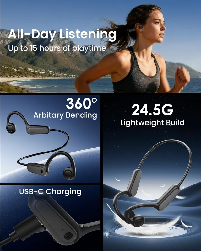 Alt view image 4 of 7 - Bone Conduction Headphones,Open Ear Bluetooth 5.4 Earphones with Mic for Running, 13H Playtime, IP55 Sweat & Water-Resistant Wireless Earbuds, Headphones for Sports, Workouts Cycling, Hiking, DBK