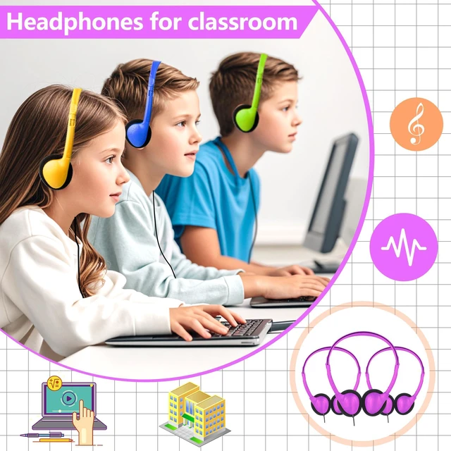 Alt view image 5 of 6 - USB C Classroom Headphones Bulk for Kids, Wired On Ear 20 Pack | Type C Headphones for School Students Museum Library Computer Lab K-12 Boys Girls Teens Mixed Colors