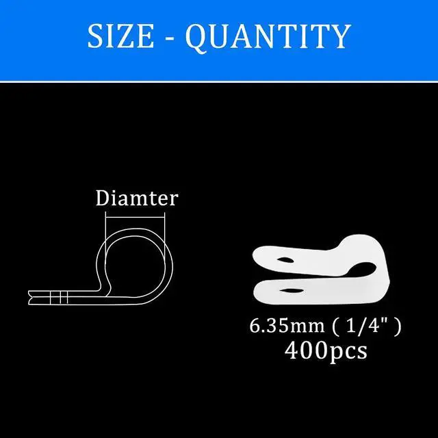 Alt view image 5 of 7 - 400pcs White Nylon R-Type Cable Clamps Fastener for 1/4 Inch (6.35mm) Dia Wire Tube Plastic Wire Cord Clip Fixer for Wire Management