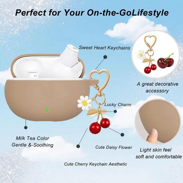 Alt view image 4 of 6 - for Beats Studio Buds Case/Studio Buds Plus Case Cover,Soft Silicone Cover Protective with Cute Cherry Daisy Flower Charm Keychain for Beats Studio Buds+ Earbuds Charging Case Milk Tea