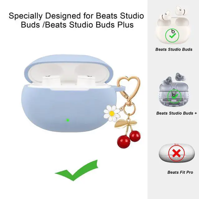 Alt view image 2 of 7 - for Beats Studio Buds Case/Studio Buds Plus Case Cover,Soft Silicone Cover Protective with Cute Cherry Daisy Flower Charm Keychain for Beats Studio Buds+ Charging Case Grayish Blue