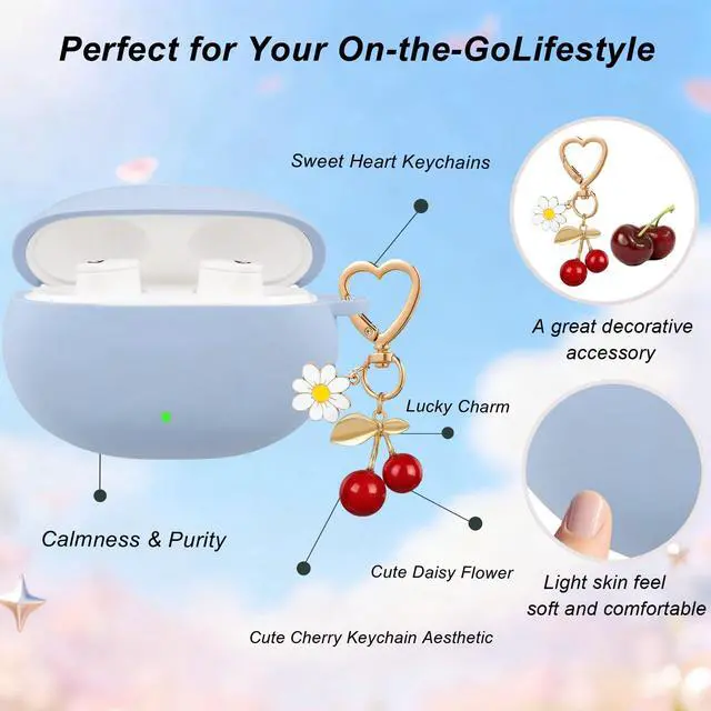 Alt view image 4 of 7 - for Beats Studio Buds Case/Studio Buds Plus Case Cover,Soft Silicone Cover Protective with Cute Cherry Daisy Flower Charm Keychain for Beats Studio Buds+ Charging Case Grayish Blue