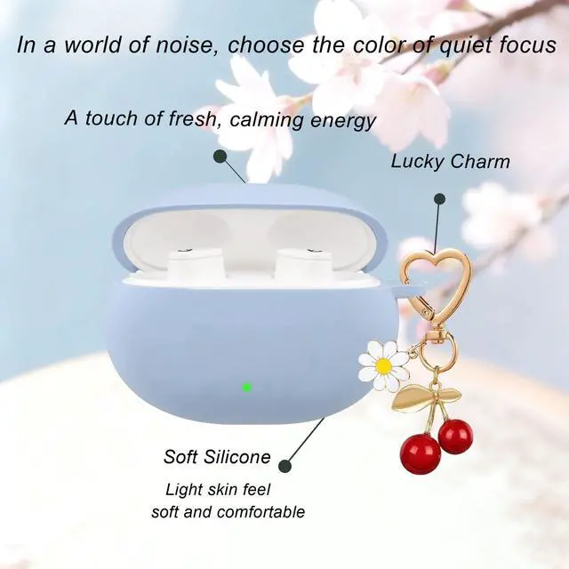 Alt view image 5 of 7 - for Beats Studio Buds Case/Studio Buds Plus Case Cover,Soft Silicone Cover Protective with Cute Cherry Daisy Flower Charm Keychain for Beats Studio Buds+ Charging Case Grayish Blue