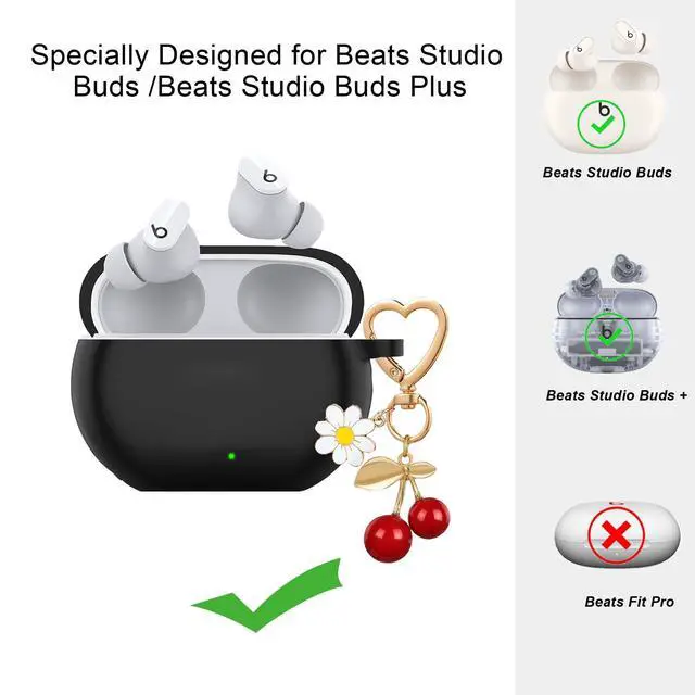 Alt view image 2 of 6 - for Beats Studio Buds Case/Studio Buds Plus Case Cover,Soft Silicone Cover Protective with Cute Cherry Daisy Flower Charm Keychain for Beats Studio Buds+ Earbuds Charging Case Black