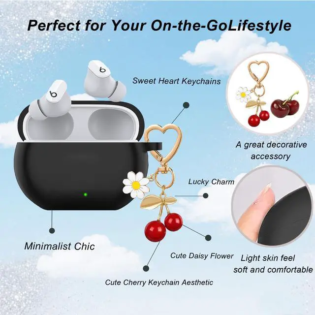 Alt view image 4 of 6 - for Beats Studio Buds Case/Studio Buds Plus Case Cover,Soft Silicone Cover Protective with Cute Cherry Daisy Flower Charm Keychain for Beats Studio Buds+ Earbuds Charging Case Black