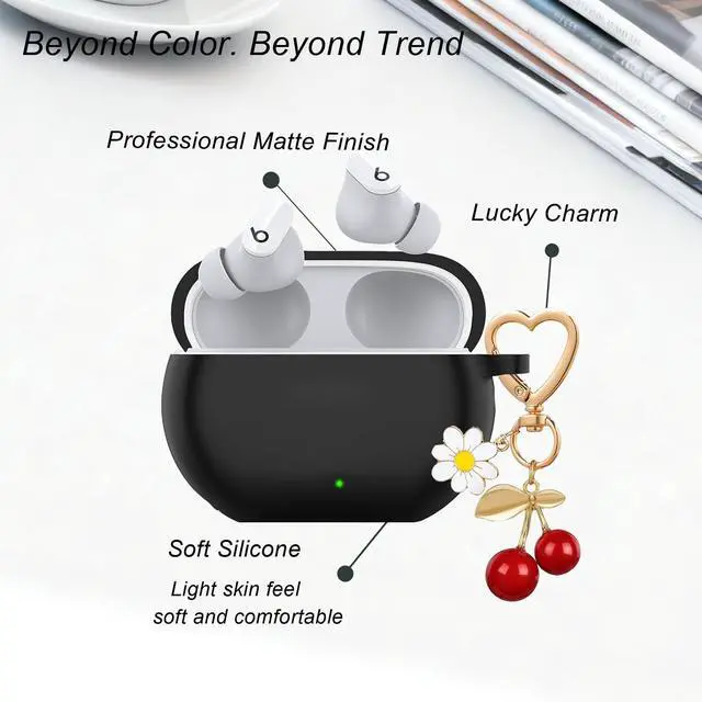 Alt view image 5 of 6 - for Beats Studio Buds Case/Studio Buds Plus Case Cover,Soft Silicone Cover Protective with Cute Cherry Daisy Flower Charm Keychain for Beats Studio Buds+ Earbuds Charging Case Black