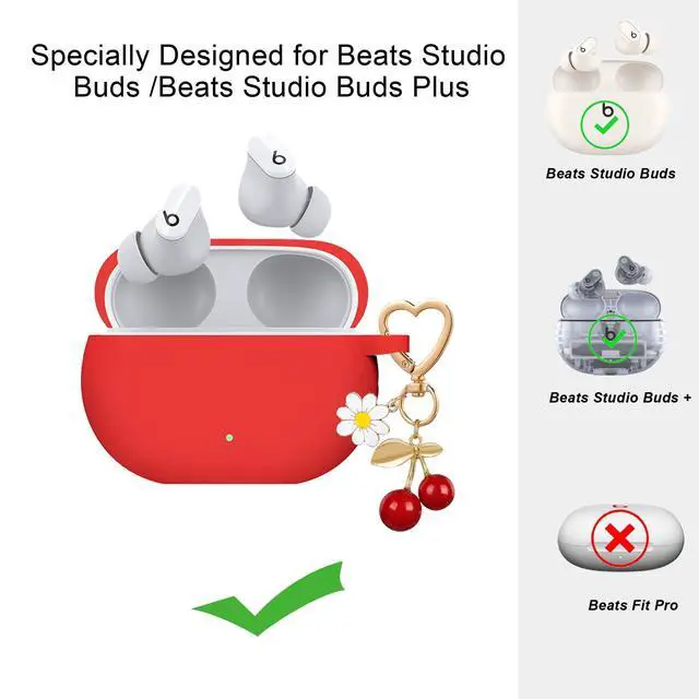 Alt view image 2 of 6 - for Beats Studio Buds Case/Studio Buds Plus Case Cover,Soft Silicone Cover Protective Case with Cute Cherry Daisy Flower Charm Keychain for Beats Studio Buds+ Earbuds Charging Case Red