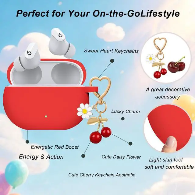 Alt view image 4 of 6 - for Beats Studio Buds Case/Studio Buds Plus Case Cover,Soft Silicone Cover Protective Case with Cute Cherry Daisy Flower Charm Keychain for Beats Studio Buds+ Earbuds Charging Case Red