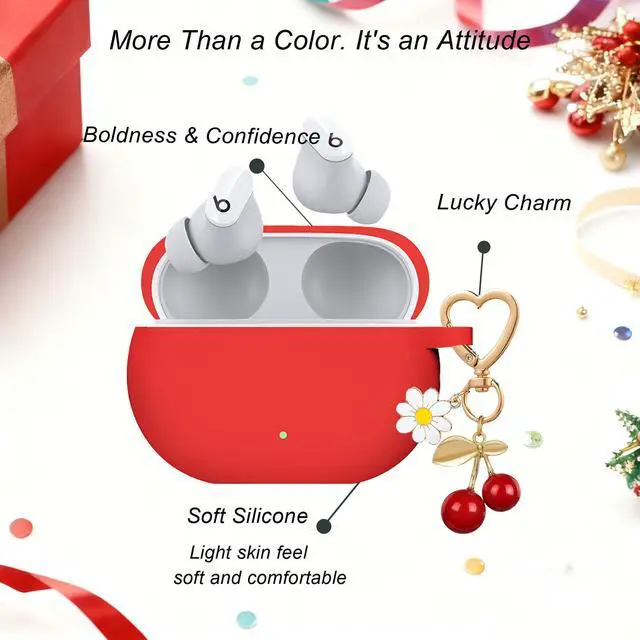 Alt view image 5 of 6 - for Beats Studio Buds Case/Studio Buds Plus Case Cover,Soft Silicone Cover Protective Case with Cute Cherry Daisy Flower Charm Keychain for Beats Studio Buds+ Earbuds Charging Case Red