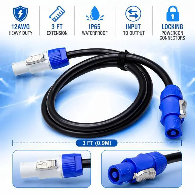 Alt view image 2 of 7 - PowerCon Input to Output Cable 12AWG OFC 20A 3 Pin NAC3FCA to NAC3FCB Twist-Lock IP65 Waterproof Extension Cable for Stage Light Beam Moving Head LED Screen 3FT