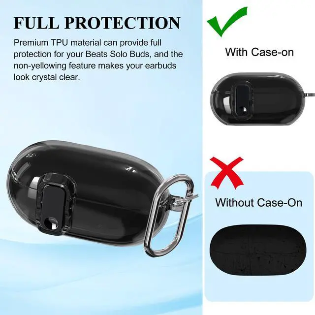 Alt view image 6 of 7 - Clear Shockproof TPU Case Compatible with Beats Solo Buds 2024, Anti-Yellowing Protective Cover for Beats Solo Buds Case with Secure Lock & Carabiner - Clear Black