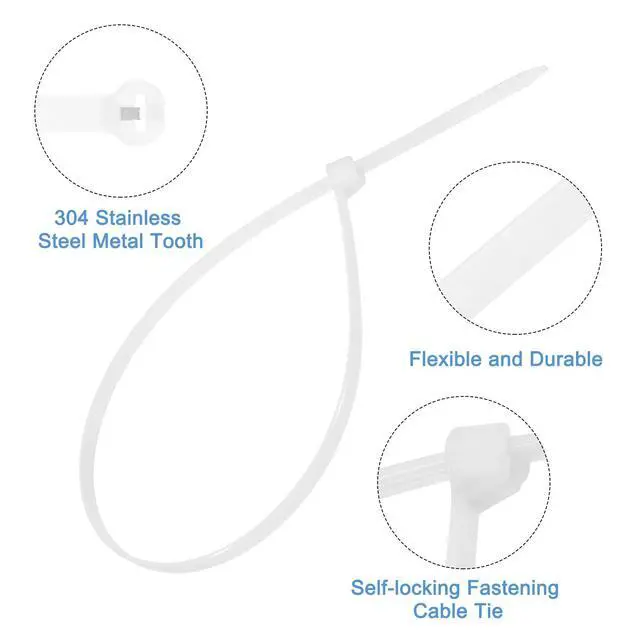 Alt view image 3 of 6 - 100Pcs White Zip Ties 12 Inch, Cable Ties with Metal Tooth Stainless Steel Locking Device Nylon for Indoor Outdoor Garage
