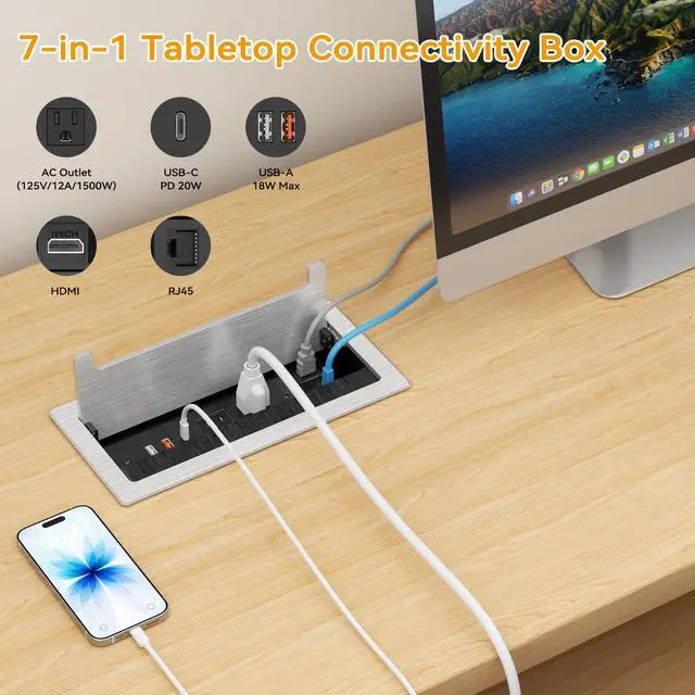 Alt view image 3 of 7 - Conference Table Power Hub with HDMI, Tabletop Connectivity Box with RJ45 + 20W USB C + 2 USB A + 2 AC Outlets, Flush Mount Desk Power Outlet for Office School, Silver