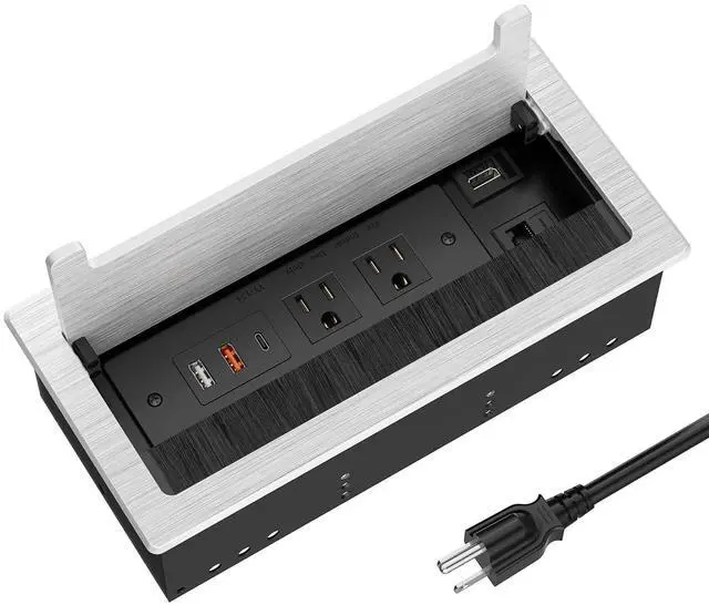 Main image of Conference Table Power Hub with HDMI, Tabletop Connectivity Box with RJ45 + 20W USB C + 2 USB A + 2 AC Outlets, Flush Mount Desk Power Outlet for Office School, Silver