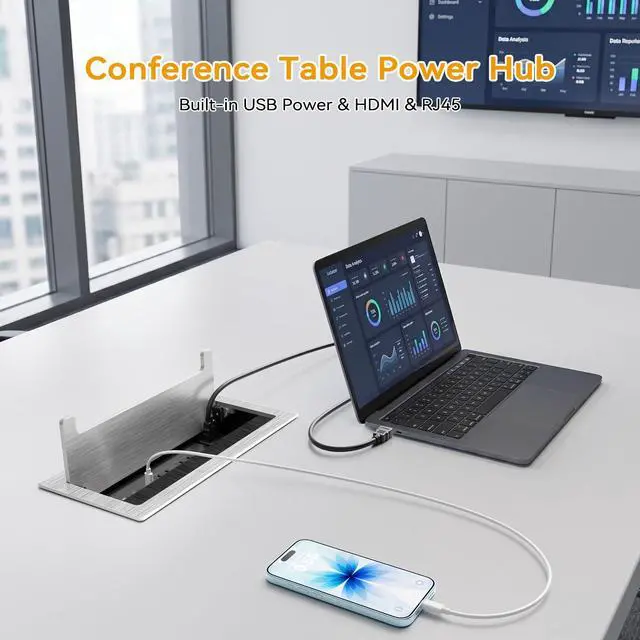 Alt view image 2 of 7 - Conference Table Power Hub with HDMI, Tabletop Connectivity Box with RJ45 + 20W USB C + 2 USB A + 2 AC Outlets, Flush Mount Desk Power Outlet for Office School, Silver