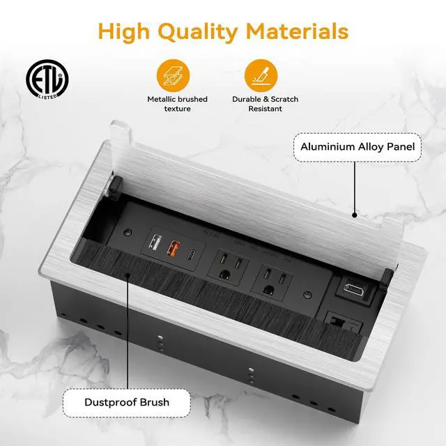 Alt view image 5 of 7 - Conference Table Power Hub with HDMI, Tabletop Connectivity Box with RJ45 + 20W USB C + 2 USB A + 2 AC Outlets, Flush Mount Desk Power Outlet for Office School, Silver