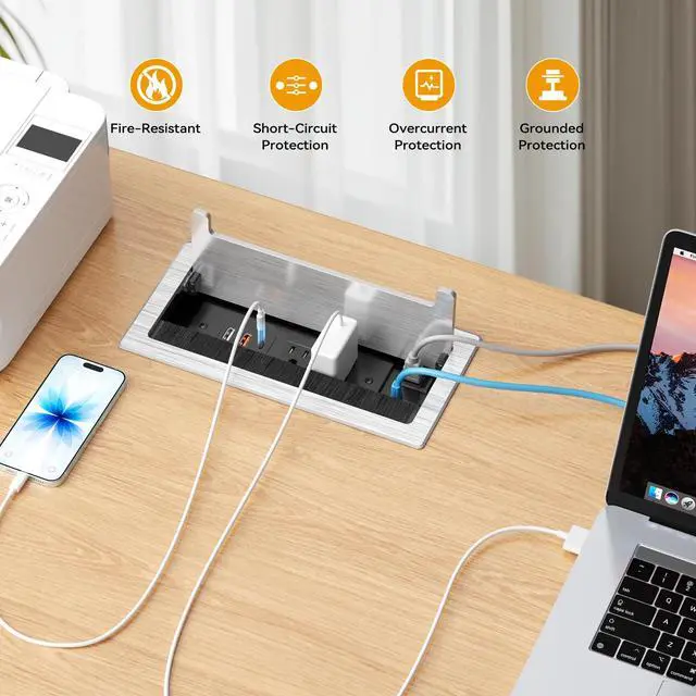 Alt view image 7 of 7 - Conference Table Power Hub with HDMI, Tabletop Connectivity Box with RJ45 + 20W USB C + 2 USB A + 2 AC Outlets, Flush Mount Desk Power Outlet for Office School, Silver
